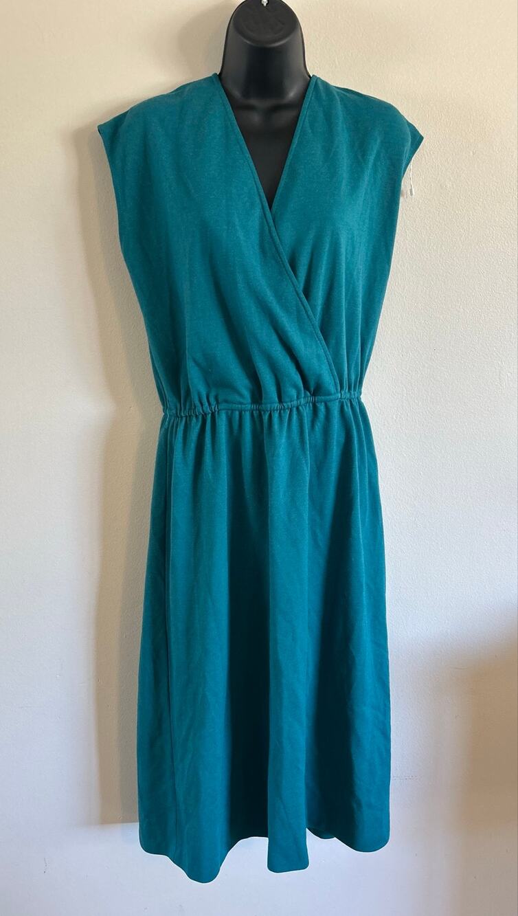 Vintage Teal Midi Dress 70s Draped Sleeve Elastic Waist Dress M/L
